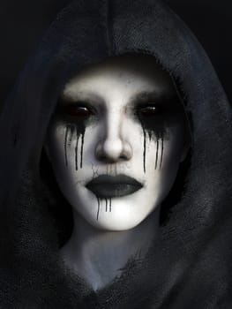 Portrait of demon dressed in a black hood, 3D rendering. Black background.