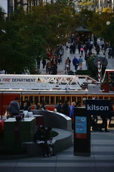 Santa Monica,United States - December 28,2015: The palm-fringed shopping street,Third Street,with visitors and pedestrians,and a firefighting operation in Santa Monica on December 28,2015.