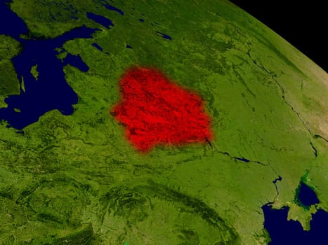 Belarus from space in red. 3D illustration with highly detailed realistic planet surface. Elements of this image furnished by NASA.