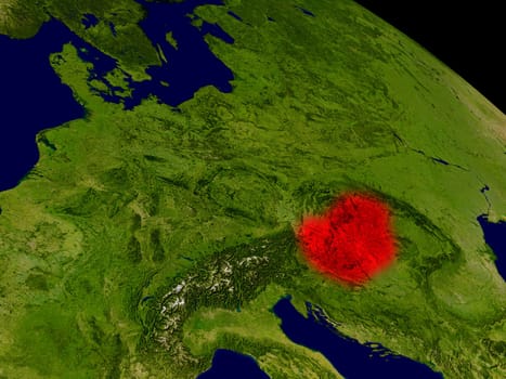 Hungary from space in red. 3D illustration with highly detailed realistic planet surface. Elements of this image furnished by NASA.