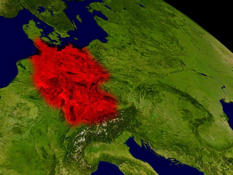Germany from space in red. 3D illustration with highly detailed realistic planet surface. Elements of this image furnished by NASA.