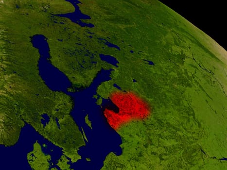 Latvia from space in red. 3D illustration with highly detailed realistic planet surface. Elements of this image furnished by NASA.