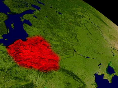Poland from space in red. 3D illustration with highly detailed realistic planet surface. Elements of this image furnished by NASA.
