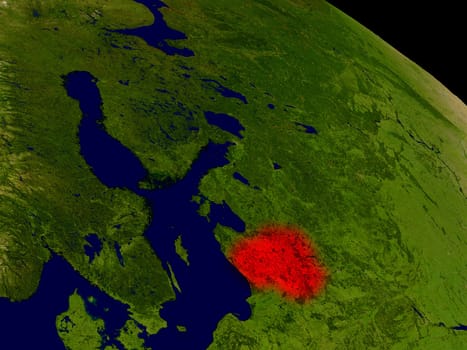 Lithuania from space in red. 3D illustration with highly detailed realistic planet surface. Elements of this image furnished by NASA.