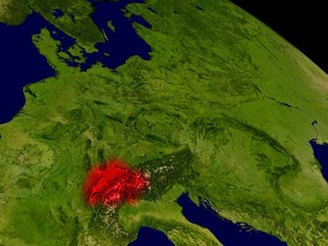Switzerland from space in red. 3D illustration with highly detailed realistic planet surface. Elements of this image furnished by NASA.