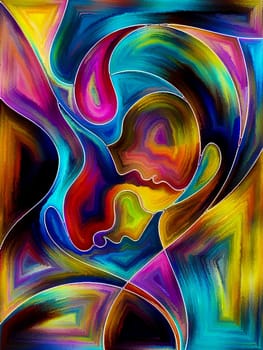 Inner Dialog series. Creative arrangement of human profiles and vivid paint shapes as a concept metaphor on subject of emotions, relationships, human drama, spirituality and design