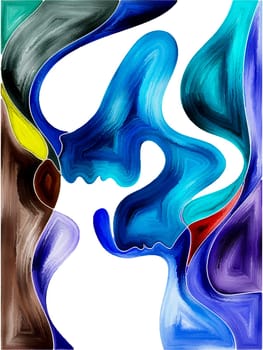 Inner Dialog series. Backdrop of human profiles and vivid paint shapes on the subject of emotions, relationships, human drama, spirituality and design