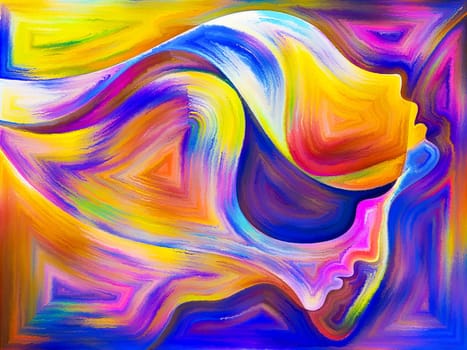 Inner Dialog series. Arrangement of human profiles and vivid paint shapes on the subject of emotions, relationships, human drama, spirituality and design