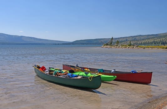 Canoes on a Lewis Lake in Yellowstone National Park in Wyoming