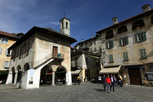 The Square in the Fishingvillage of Orta on the Lake Orta in the Lombardia in north Italy.