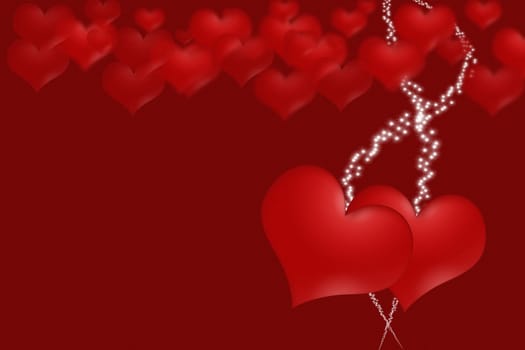 Two hearts are posed at the bottom of the picture. Everything on canvas texture. Blurred hearts are above them. Two lines created from a shining star goes through both heart.
