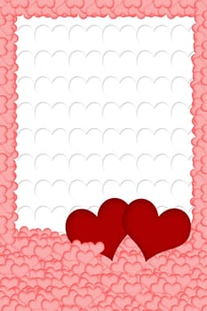 Two red hearts are placed on a multitude of pink hearts in the bottom of the image. All on white background formed from white hearts. The edges of the image are made of pink hearts. Vertically.