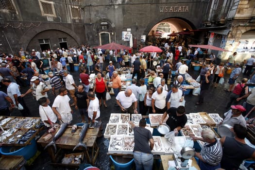 The Fishmarket in the old Town of Catania in Sicily in south Italy in Europe.