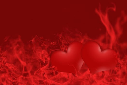 Two hearts are posed in a red smoke at the bottom of the picture. Everything on canvas texture.