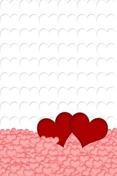 Two red hearts are placed on a multitude of pink hearts in the bottom of the image. All on white background formed from white hearts. Vertically.