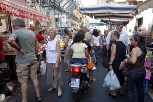 the fegetable and food market in the old town of Catania in Sicily in south Italy in Europe.