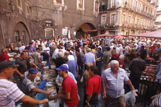 The Fishmarket in the old Town of Catania in Sicily in south Italy in Europe.