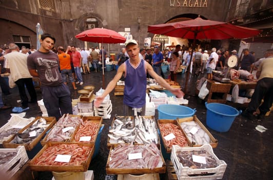 The Fishmarket in the old Town of Catania in Sicily in south Italy in Europe.