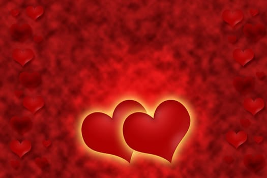 Two hearts with a golden glow are located at the bottom of the image.The small red hearts are in the right and left edges of the image. Everything on a red background.
