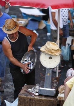 The Fishmarket in the old Town of Catania in Sicily in south Italy in Europe.