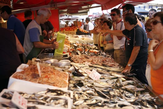 the fish market in the old town of Siracusa in Sicily in south Italy in Europe.