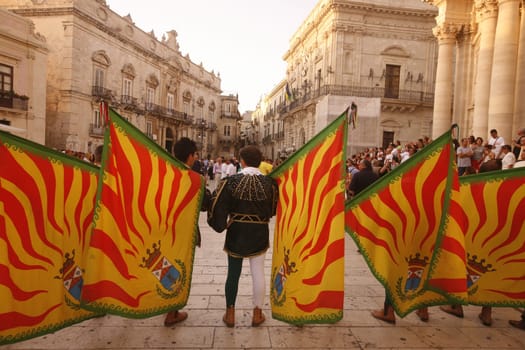 a history ceremony in the old town of Siracusa in Sicily in south Italy in Europe.