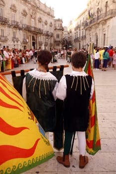 a history ceremony in the old town of Siracusa in Sicily in south Italy in Europe.