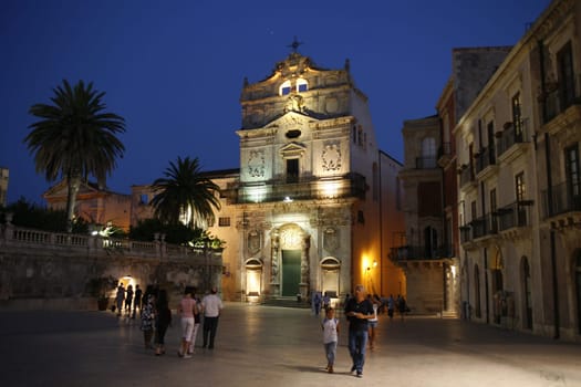 The Piazza del Domo in the old Town of Siracusa in Sicily in south Italy in Europe.