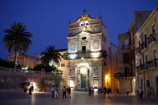 The Piazza del Domo in the old Town of Siracusa in Sicily in south Italy in Europe.