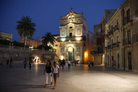 The Piazza del Domo in the old Town of Siracusa in Sicily in south Italy in Europe.