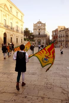 a history ceremony in the old town of Siracusa in Sicily in south Italy in Europe.