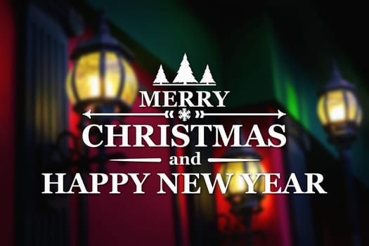 Merry Christmas and New Year greeting card on blurred glowing vintage street lamps background