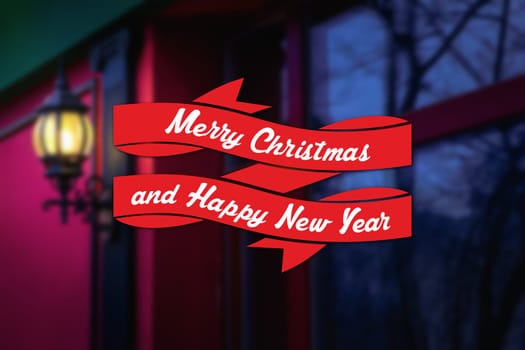 Merry Christmas and New Year greeting card on blurred glowing vintage street lamp background