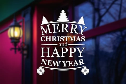Merry Christmas and New Year greeting card on blurred glowing vintage street lamp background