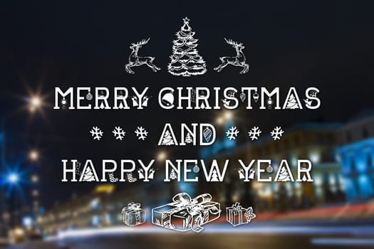 Merry Christmas and New Year hand drawing greeting card on blurred night city streets illuminated buildings background