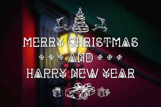 Merry Christmas and New Year hand drawing greeting card on blurred glowing vintage street lamp background
