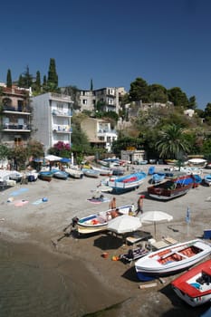 the Beach of the old Town of  Taormina in Sicily in south Italy in Europe.