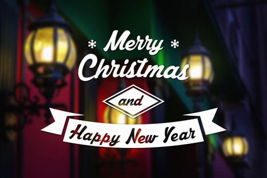 Merry Christmas and New Year greeting card on blurred glowing vintage street lamps background