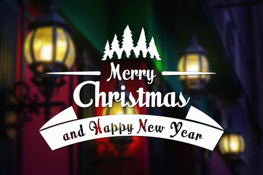 Merry Christmas and New Year greeting card on blurred glowing vintage street lamps background