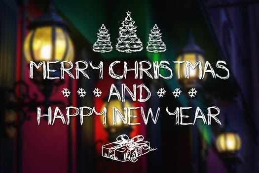 Merry Christmas and New Year hand drawing greeting card on blurred glowing vintage street lamps background