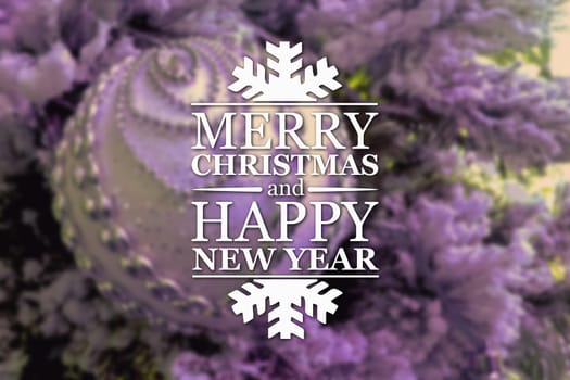 Merry Christmas and New Year greeting card on blurred festive decoration ball or toy and spruce violet or purple colored background