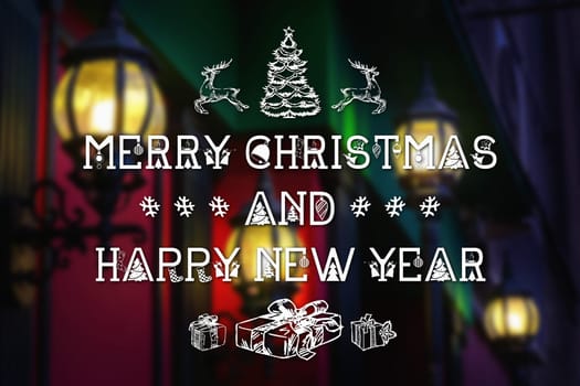 Merry Christmas and New Year hand drawing greeting card on blurred glowing vintage street lamps background