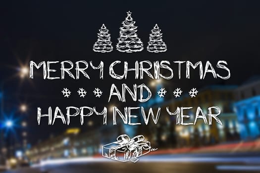 Merry Christmas and New Year hand drawing greeting card on blurred night city streets illuminated buildings background