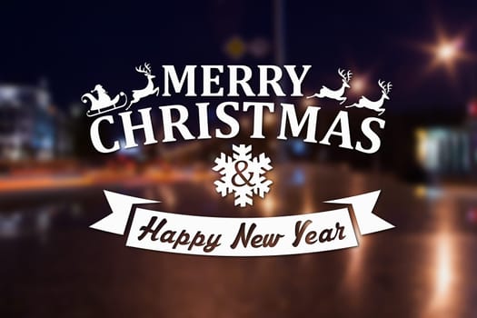 Merry Christmas and New Year greeting card on blurred night city streets illuminated buildings background