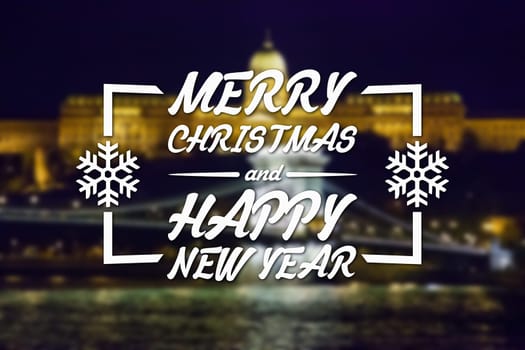 Merry Christmas and New Year greeting card on blurred night city illuminated old buildings with reflection in water background