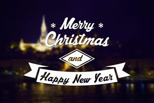 Merry Christmas and New Year greeting card on blurred night city illuminated old buildings with reflection in water background