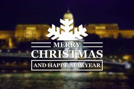 Merry Christmas and New Year greeting card on blurred night city illuminated old buildings with reflection in water background