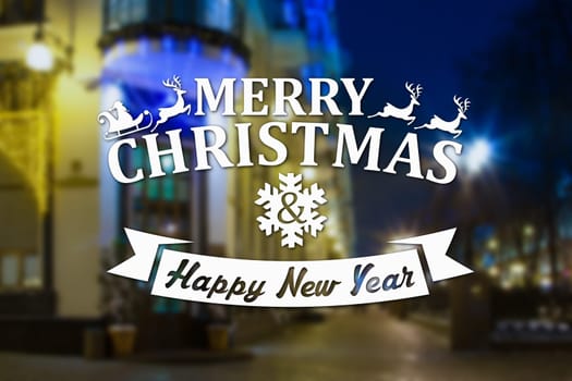 Merry Christmas and New Year greeting card on blurred night city streets illuminated buildings background