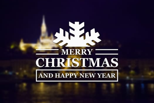 Merry Christmas and New Year greeting card on blurred night city illuminated old buildings with reflection in water background