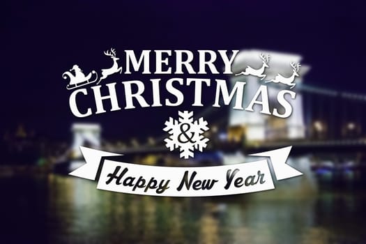 Merry Christmas and New Year greeting card on blurred night illuminated old bridge with reflection in water background